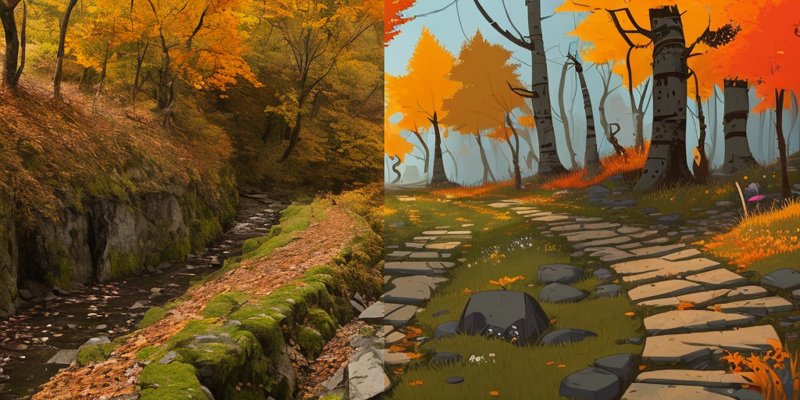 COMPARE - abandoned path running along the side of a creek with trees with falling leaves during autumn with jagged cliffs and rocks   512.png